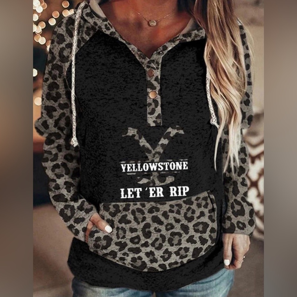 NWT Leopard Color Block Hoodie Yellowstone LET ‘ER RIP BLACK/Gray Size-XXL
